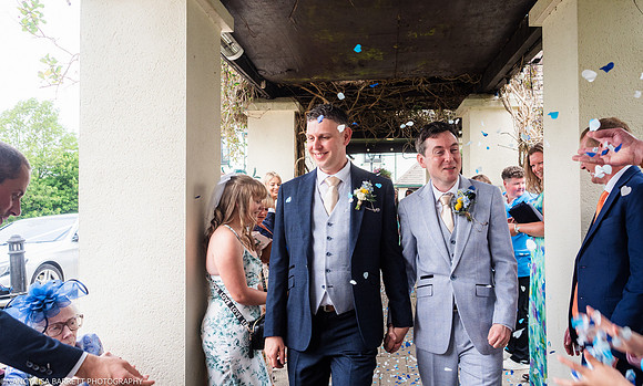 WEDDING EXIT CEREMONY CONFETTI ETC AT THE LANCASTER HOUSE HOTEL, BAILRIGG, LANCASTER, LANCASHIRE