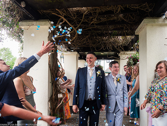 WEDDING EXIT CEREMONY CONFETTI ETC AT THE LANCASTER HOUSE HOTEL, BAILRIGG, LANCASTER, LANCASHIRE