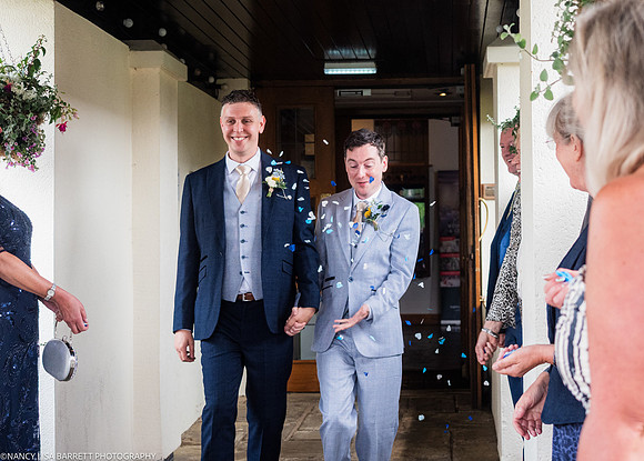WEDDING EXIT CEREMONY CONFETTI ETC AT THE LANCASTER HOUSE HOTEL, BAILRIGG, LANCASTER, LANCASHIRE
