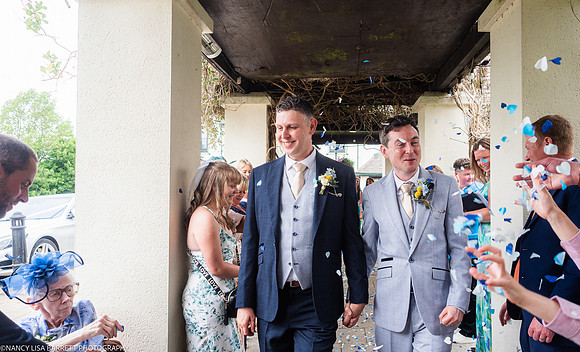 WEDDING EXIT CEREMONY CONFETTI ETC AT THE LANCASTER HOUSE HOTEL, BAILRIGG, LANCASTER, LANCASHIRE