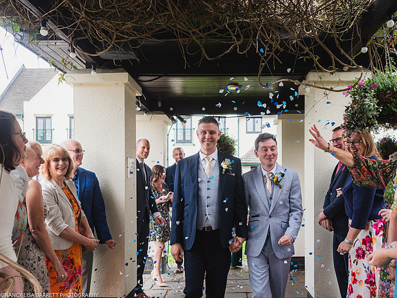 WEDDING EXIT CEREMONY CONFETTI ETC AT THE LANCASTER HOUSE HOTEL, BAILRIGG, LANCASTER, LANCASHIRE