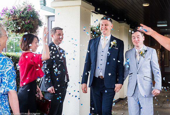 WEDDING EXIT CEREMONY CONFETTI ETC AT THE LANCASTER HOUSE HOTEL, BAILRIGG, LANCASTER, LANCASHIRE