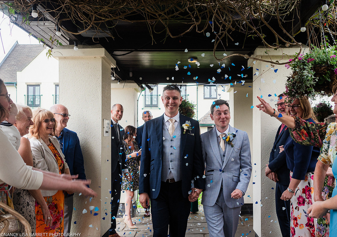 WEDDING EXIT CEREMONY CONFETTI ETC AT THE LANCASTER HOUSE HOTEL, BAILRIGG, LANCASTER, LANCASHIRE