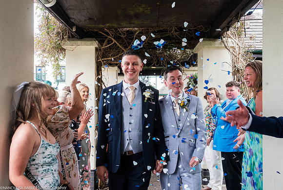 WEDDING EXIT CEREMONY CONFETTI ETC AT THE LANCASTER HOUSE HOTEL, BAILRIGG, LANCASTER, LANCASHIRE