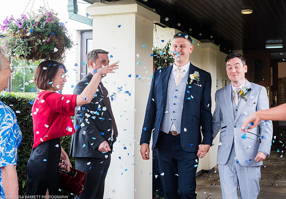 WEDDING EXIT CEREMONY CONFETTI ETC AT THE LANCASTER HOUSE HOTEL, BAILRIGG, LANCASTER, LANCASHIRE
