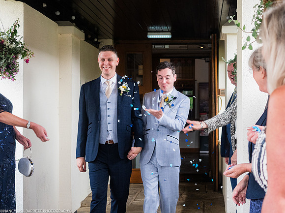 WEDDING EXIT CEREMONY CONFETTI ETC AT THE LANCASTER HOUSE HOTEL, BAILRIGG, LANCASTER, LANCASHIRE