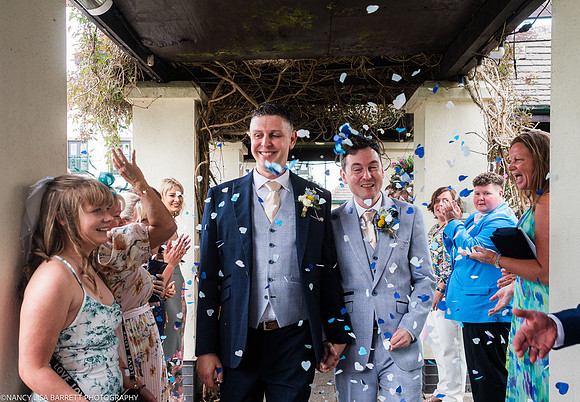 WEDDING EXIT CEREMONY CONFETTI ETC AT THE LANCASTER HOUSE HOTEL, BAILRIGG, LANCASTER, LANCASHIRE